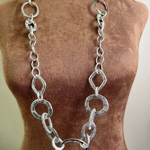 Chico's Silver Tone Textured Mixed Link Long Statement Necklace 40" Western